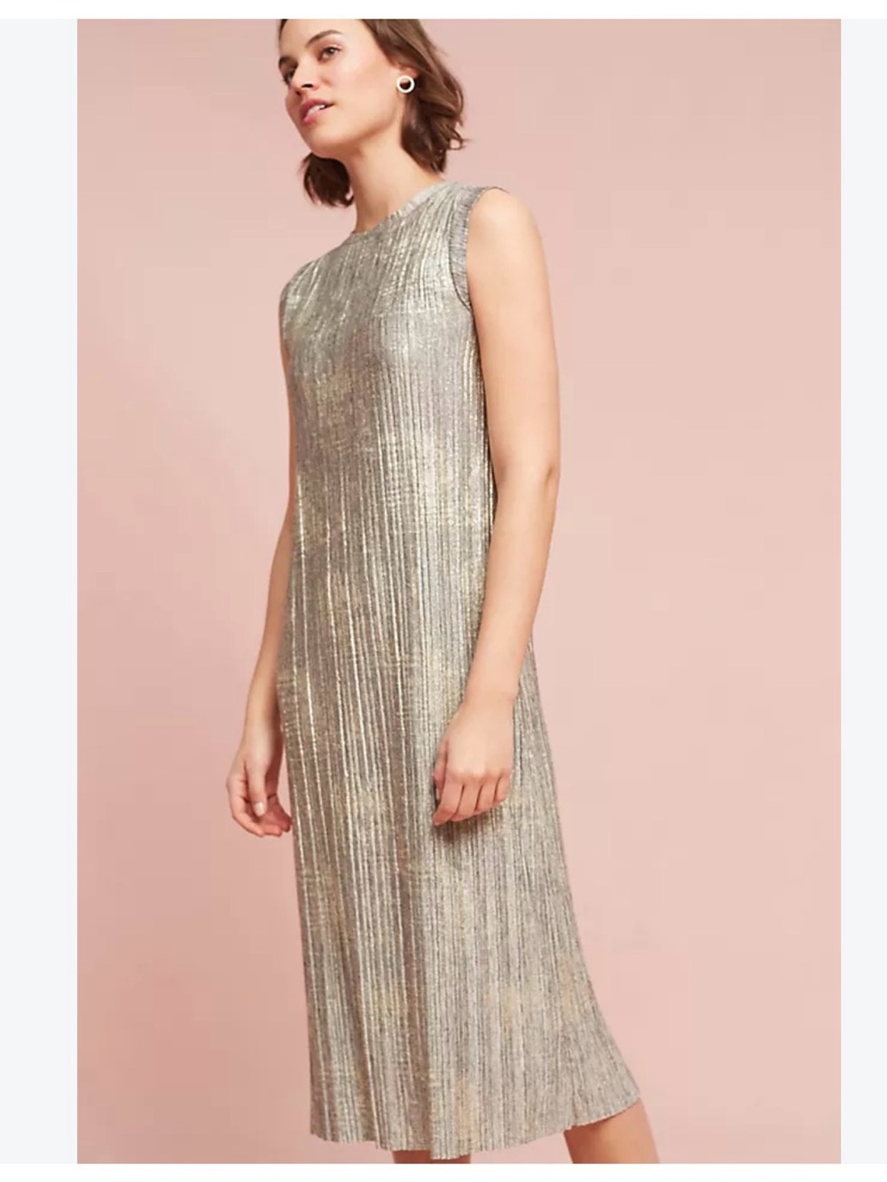 Anthropologie Shimmering Metallic Pleated Maxi Dress - Gold
